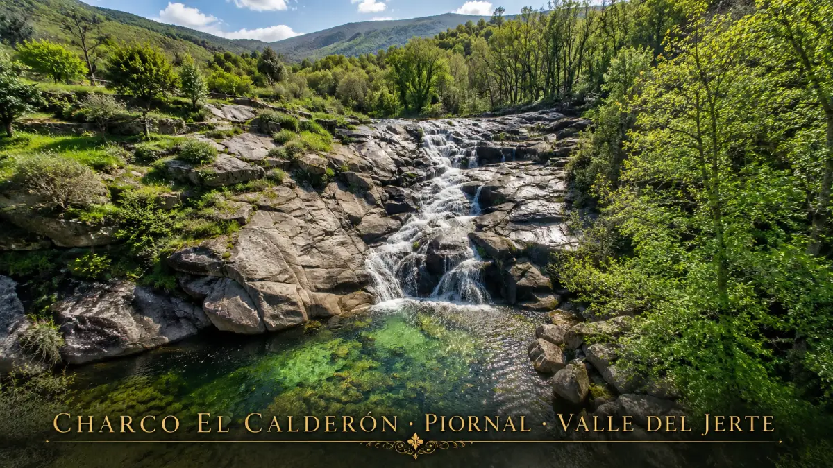 Charco El Calderón en Piornal, Valle del Jerte: cascada sobre rocas de granito y poza de agua cristalina rodeada de bosque